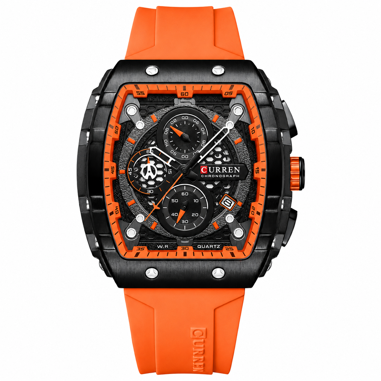 CURREN chronograph watch with orange strap and black geometric case. High-performance design projecting authority and professional style.
