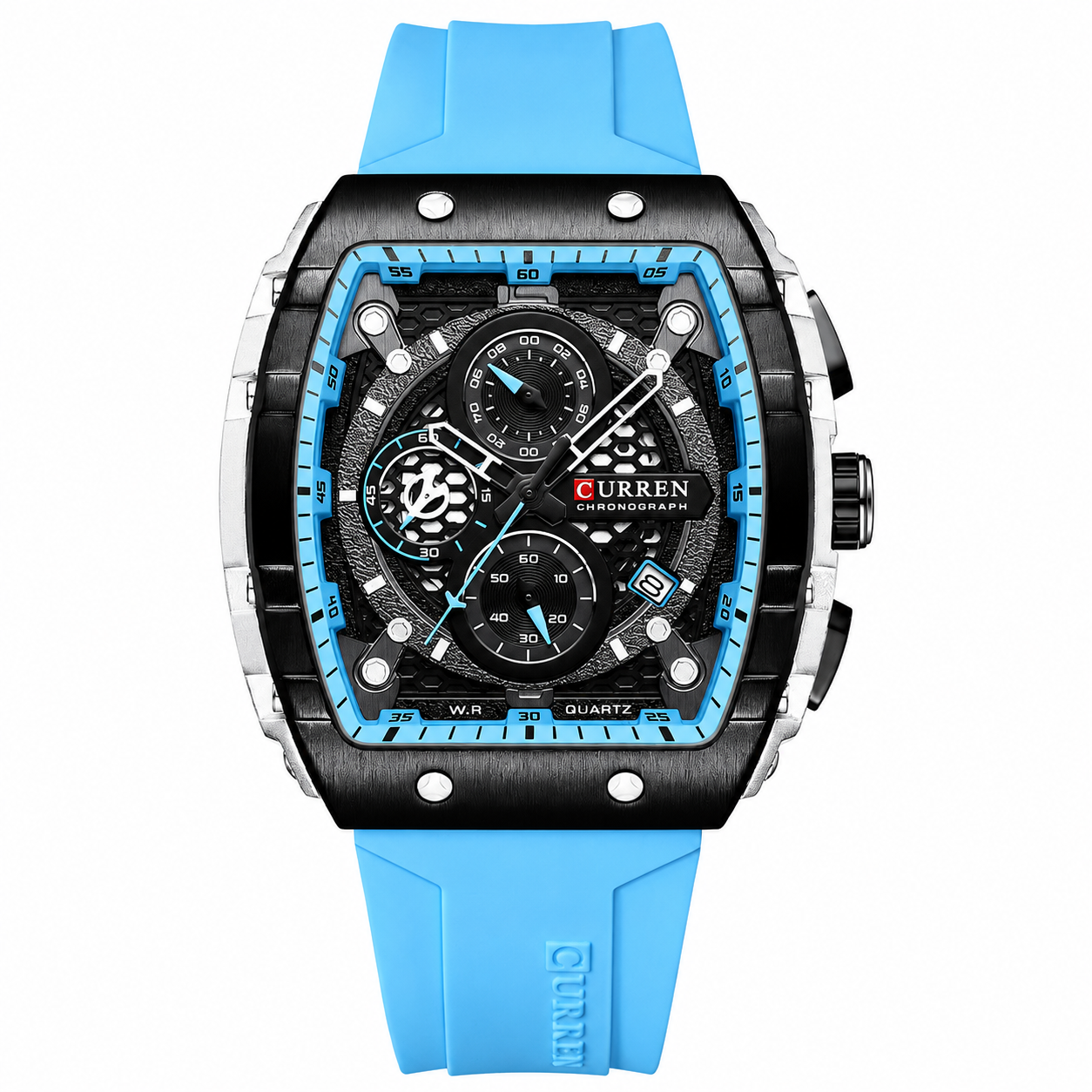 CURREN chronograph watch with blue silicone strap, high-performance geometric design to project authority, success, and an unmatched professional style.