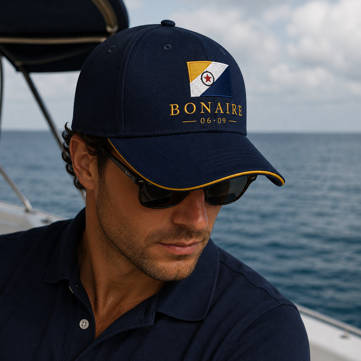 A man enjoying the sun and beach in Bonaire, wearing the official 'Bonaire Day' cap—symbolizing local pride and an authentic Caribbean style.