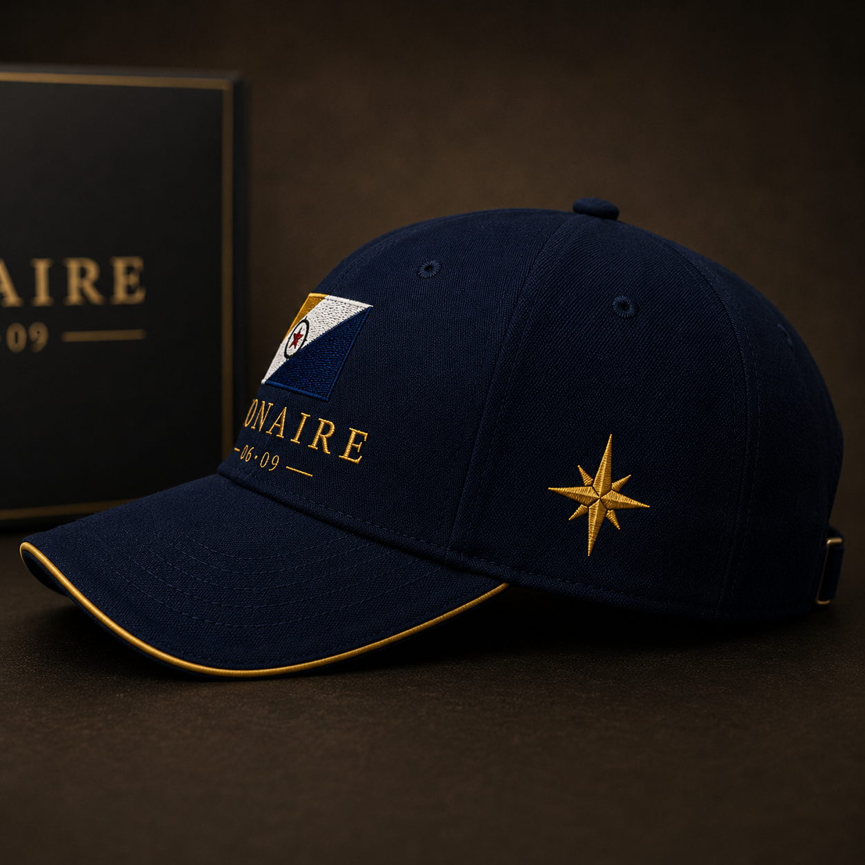 Black baseball cap with an embroidered circular logo featuring a map of the island of Bonaire and the text "BONAIRE DAY.