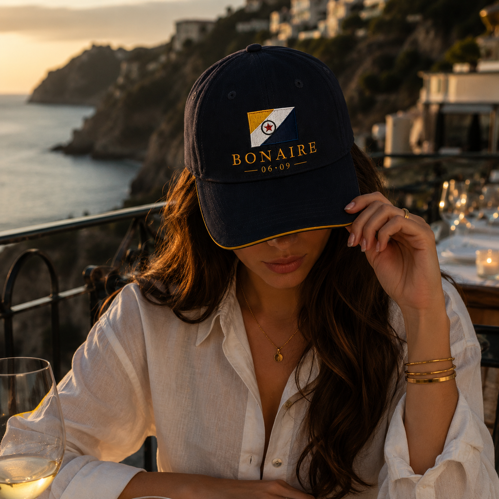 A woman wearing a black baseball cap with a circular embroidered design on the front. The design features the outline of the island of Bonaire in light blue, with the white text 'BONAIRE DAY' in the center of the map