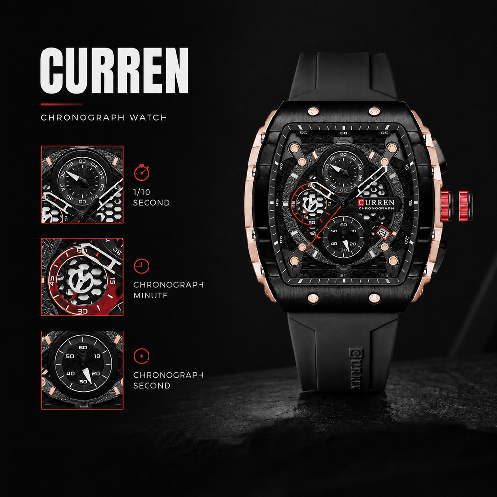 Reloj cronógrafo CURREN de diseño audaz y geométrico, con detalles de cronometraje de precisión para proyectar una imagen profesional y de éxito inmediato.