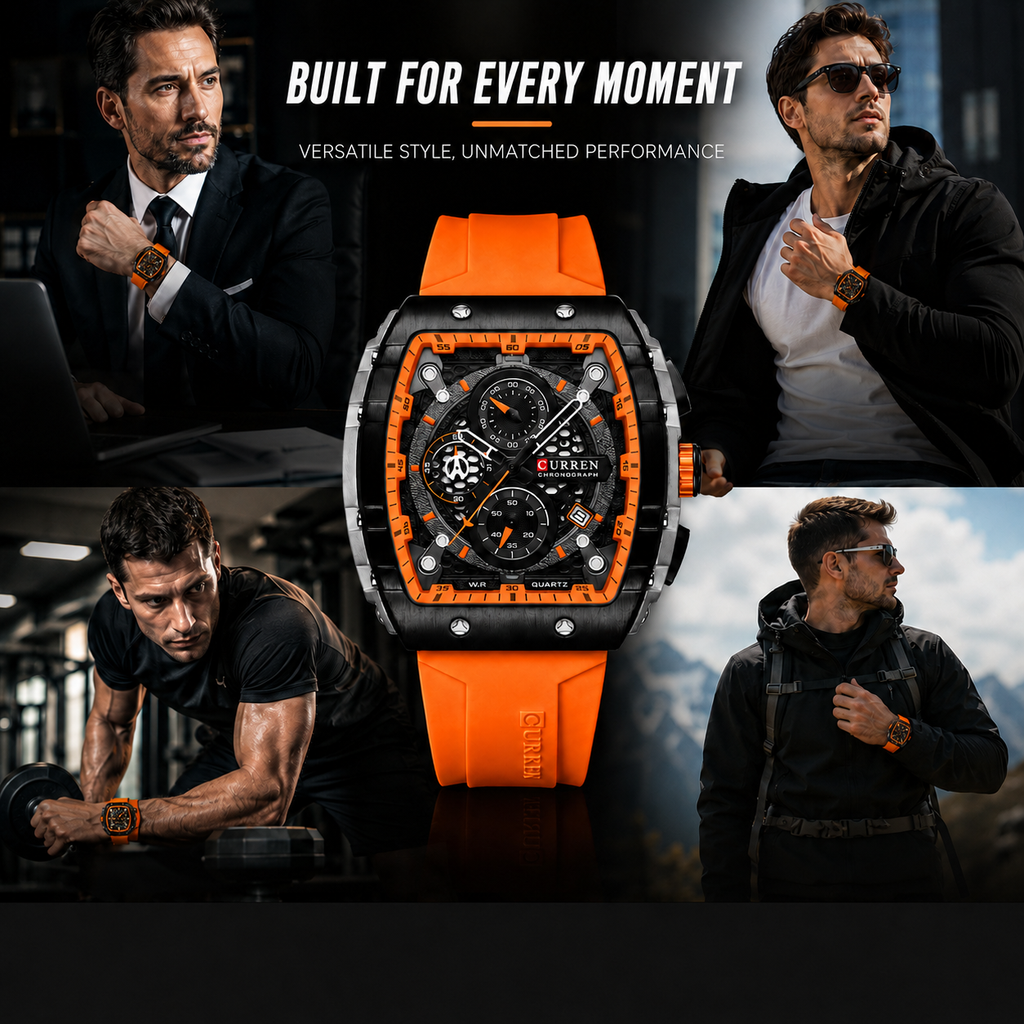 chronograph watch with orange silicone strap, versatile design, and high performance for professional, sport, and casual lifestyles