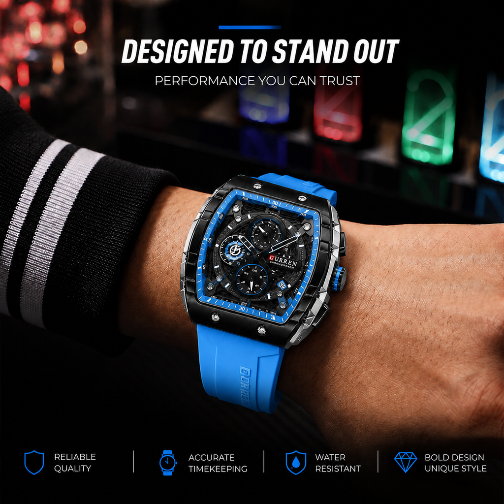 CURREN chronograph watch with blue silicone strap, high-performance geometric design, water-resistant, to project authority, success, and unmatched professional style