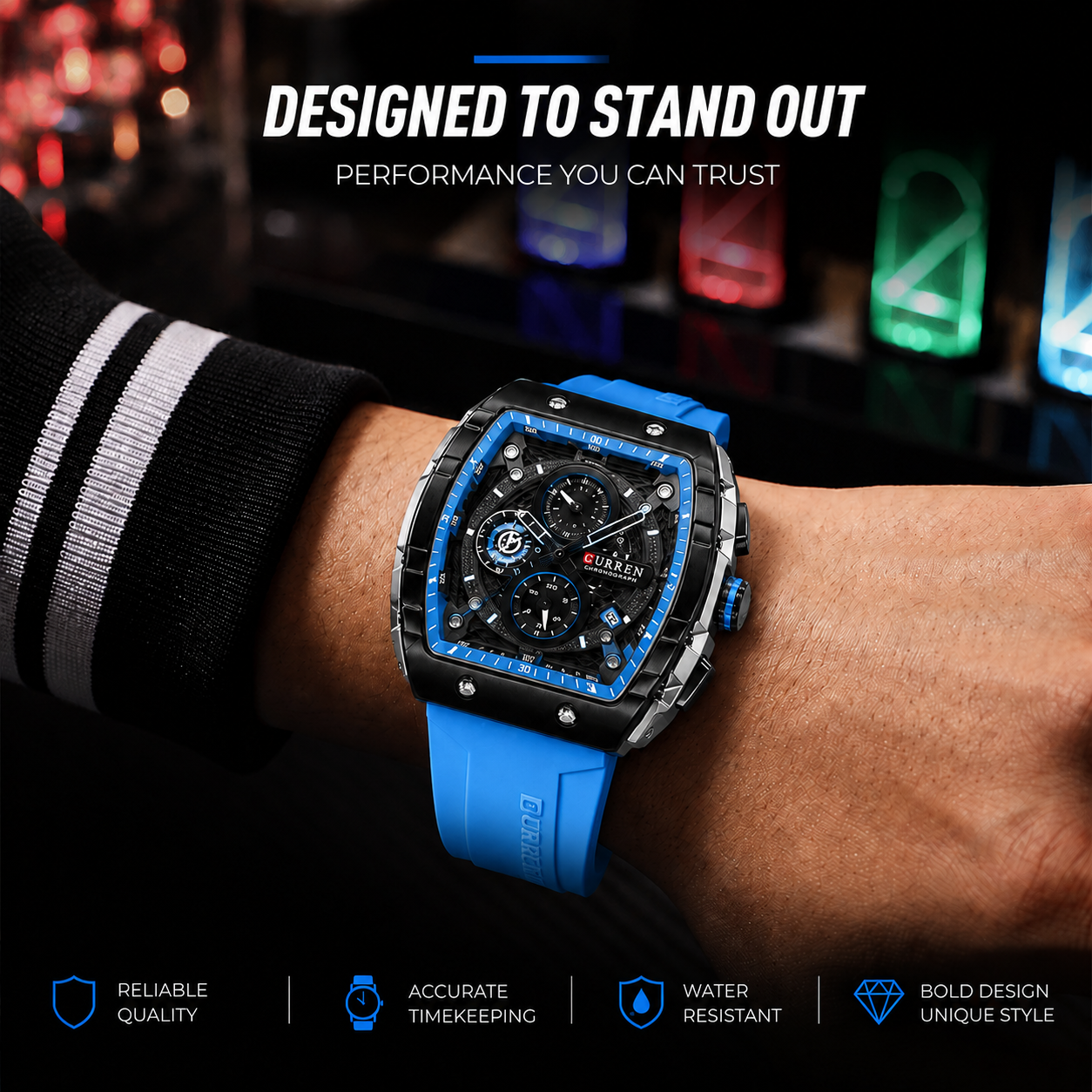 CURREN chronograph watch with blue silicone strap, high-performance geometric design, water-resistant, to project authority, success, and unmatched professional style
