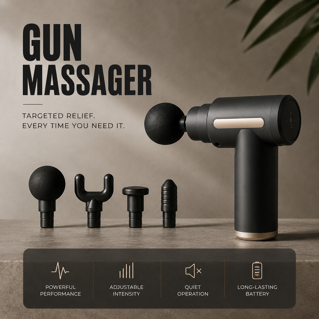 Professional massage gun: 4 attachments, adjustable intensity, quiet, and long-lasting battery for immediate muscle relief
