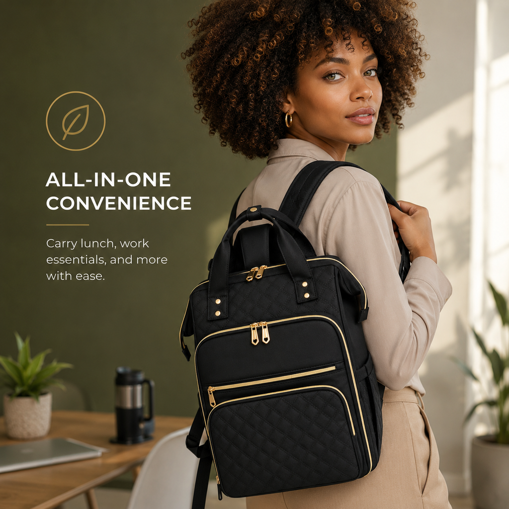 Lifestyle photograph of a woman wearing the black quilted backpack with gold zippers in a modern setting. The left side features a leaf icon and the text 'ALL-IN-ONE CONVENIENCE' highlighting the ease of carrying lunch and work essentials