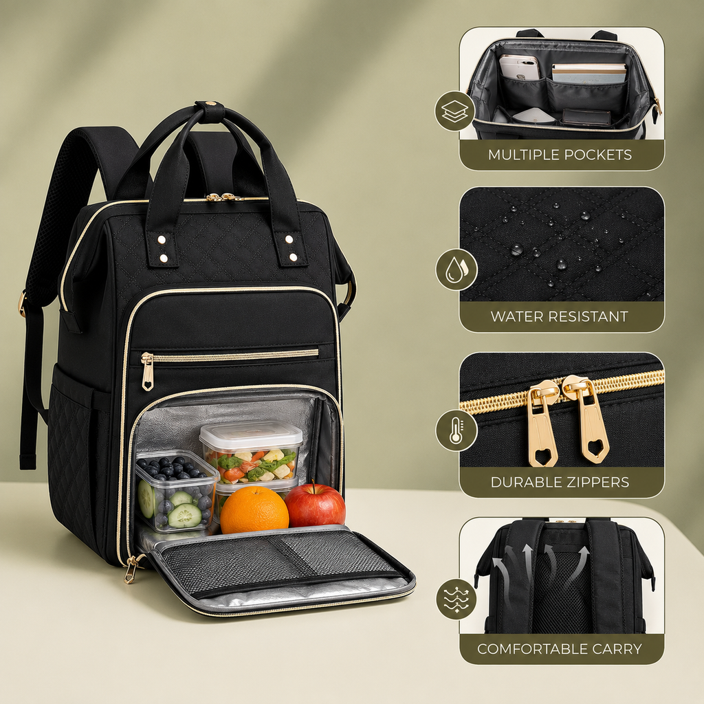 Product infographic of the black quilted backpack with gold zippers, showing the open lower thermal compartment with food containers. The right side features four panels detailing its features: multiple pockets, water resistant, durable zippers, and comfortable carry