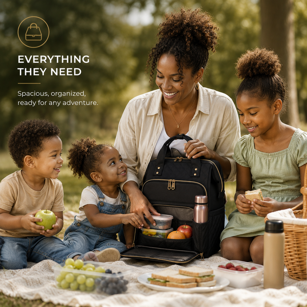 Lifestyle photograph of a mother and her three children enjoying an outdoor picnic in a park. The top-left corner features a backpack icon alongside the text 'EVERYTHING THEY NEED' and the phrase 'Spacious, organized, ready for any adventure'. In the center, the mother organizes food containers inside the black quilted backpack.