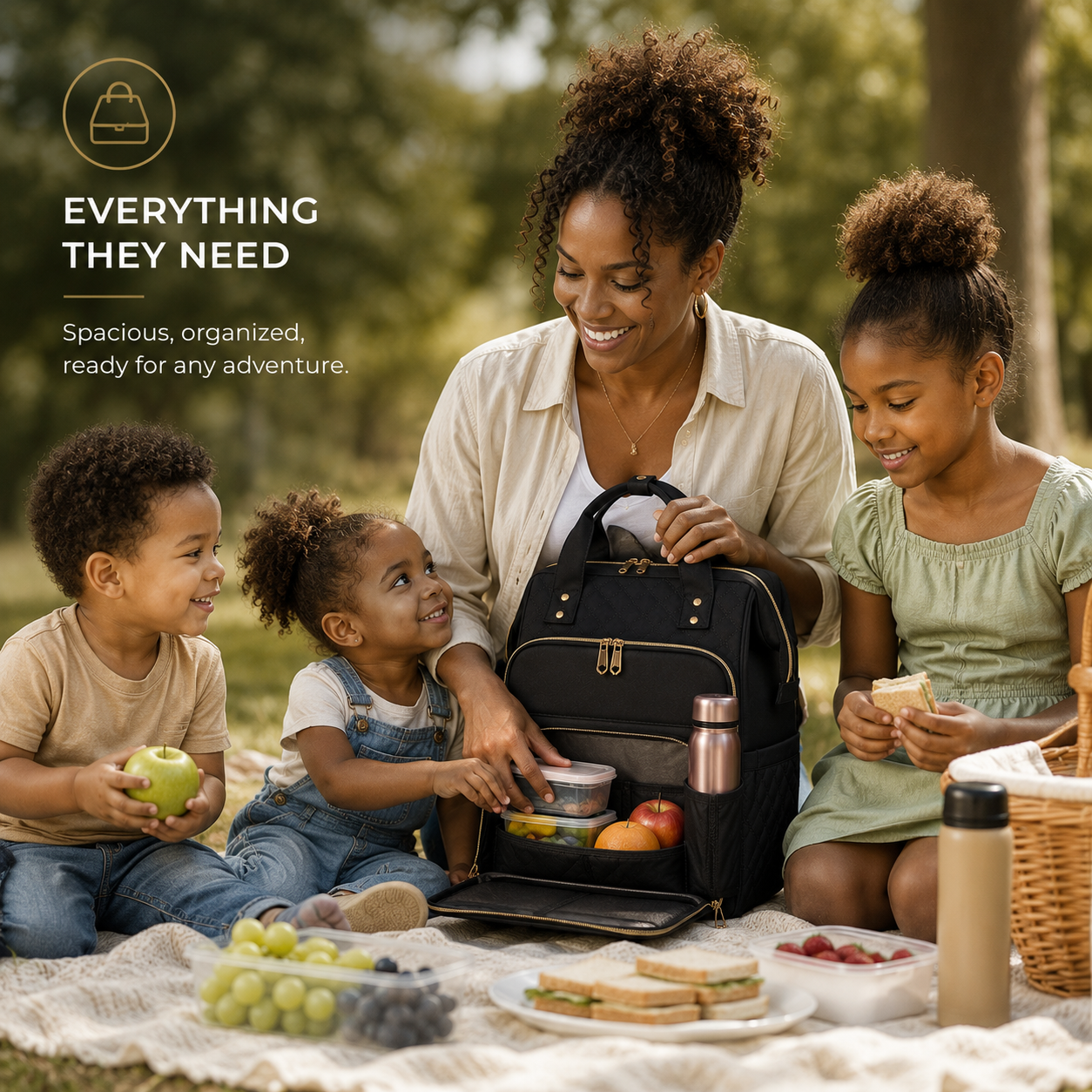 Lifestyle photograph of a mother and her three children enjoying an outdoor picnic in a park. The top-left corner features a backpack icon alongside the text 'EVERYTHING THEY NEED' and the phrase 'Spacious, organized, ready for any adventure'. In the center, the mother organizes food containers inside the black quilted backpack.