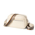 Beige camera-style crossbody bag featuring a pebbled textured finish, silver zippers, and a wide fabric strap with brown and beige stripes on a transparent background