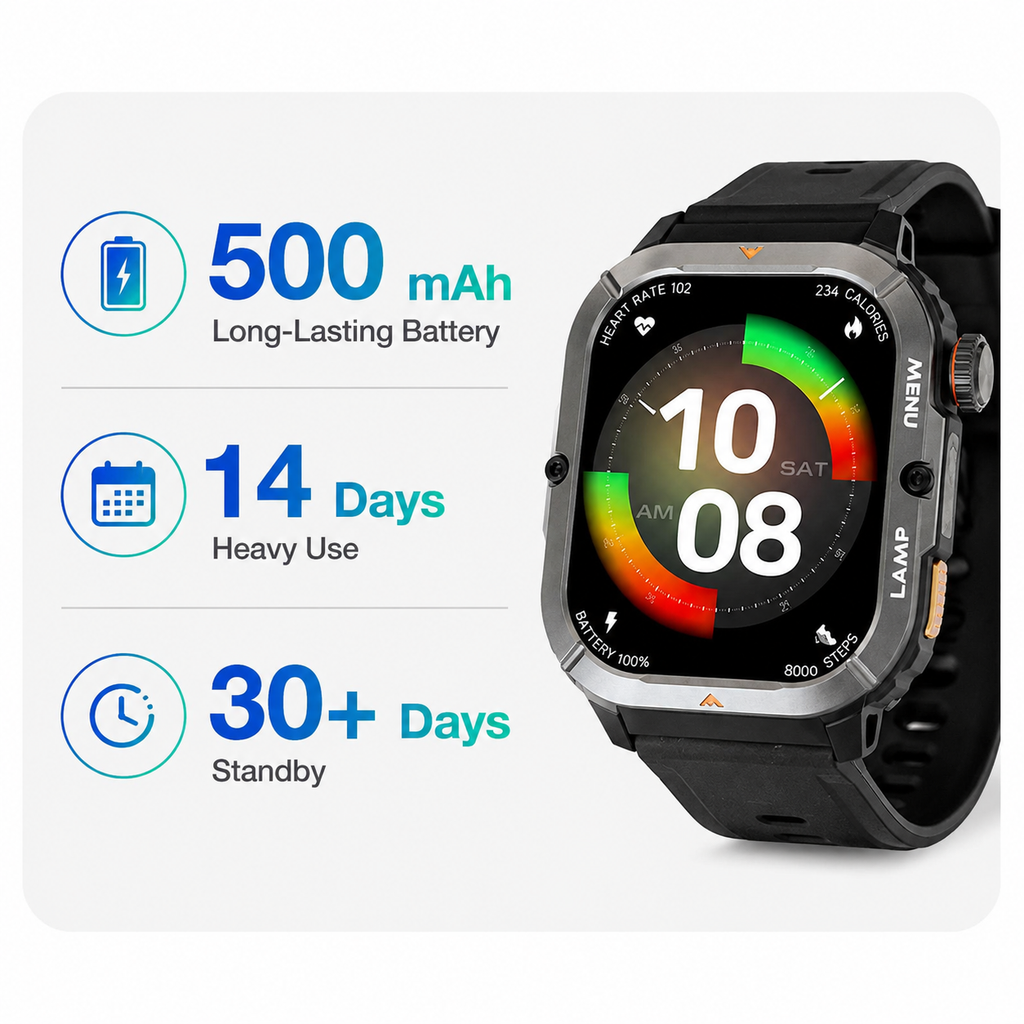 smartwatch with black silicone strap and stainless steel bezel displaying tracking data on circular AMOLED screen
