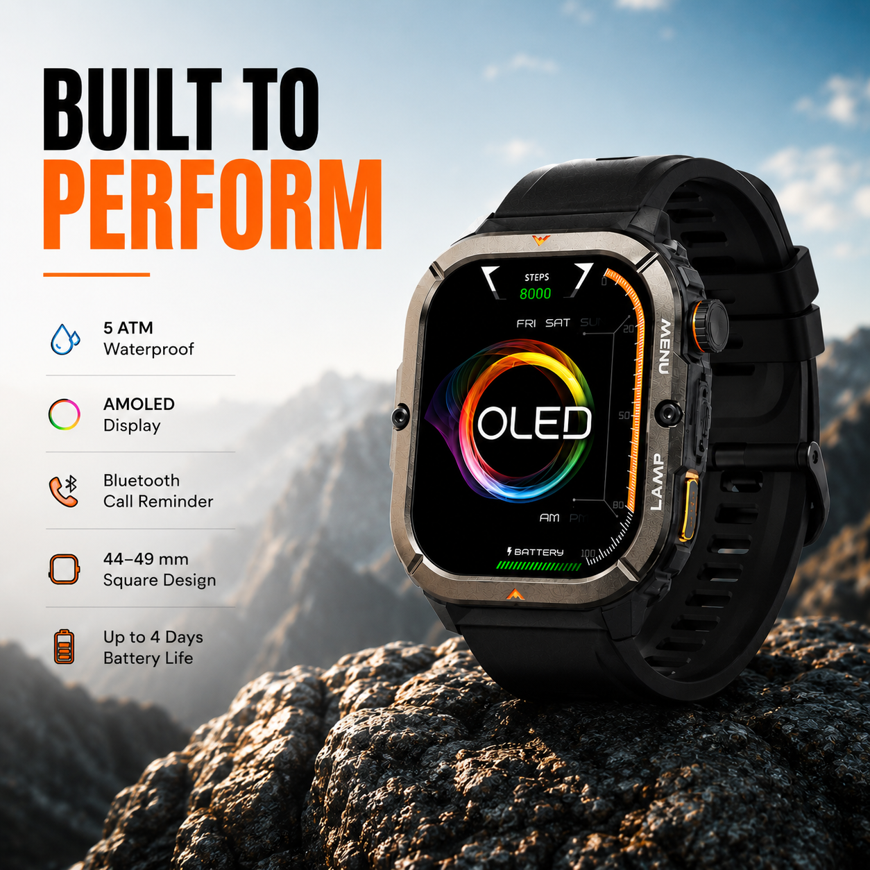 Water resistant to 5 ATM with up to 4 days of battery life. Includes a flashlight, GPS, and multiple sports modes. Designed with a rugged style and an OLED display for enhanced clarity even in direct sunlight.