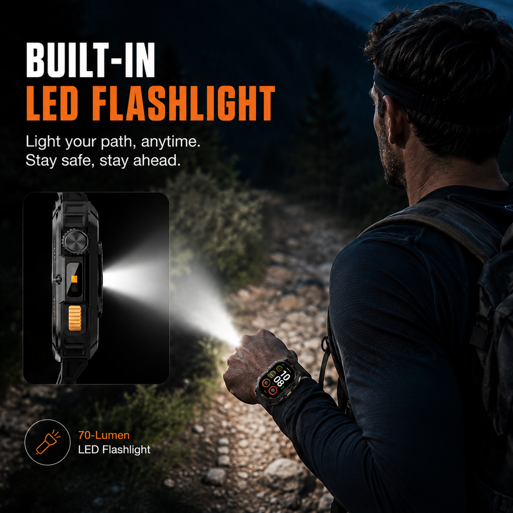 This rugged smartwatch is designed for outdoor use and features a 70-lumen LED flashlight.
The device includes features such as Bluetooth calling.