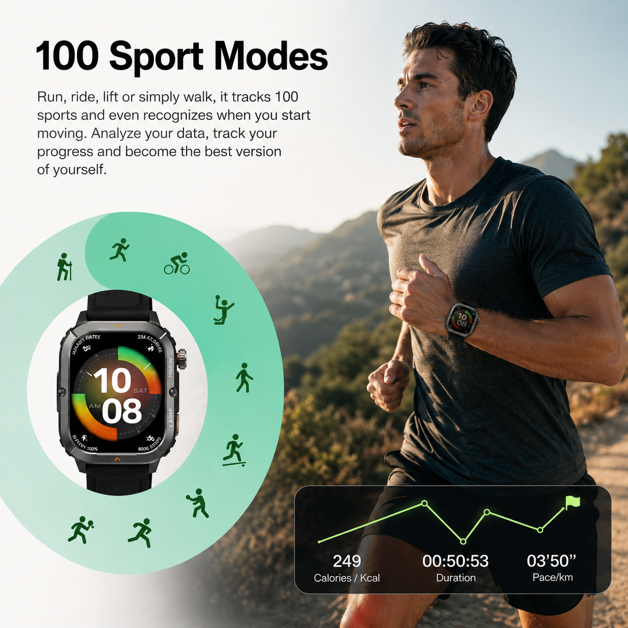 This smartwatch tracks 100 different sports and activity modes: run, cycle, lift weights, or simply walk. It even recognizes when you start moving. Analyze your data and monitor your progress