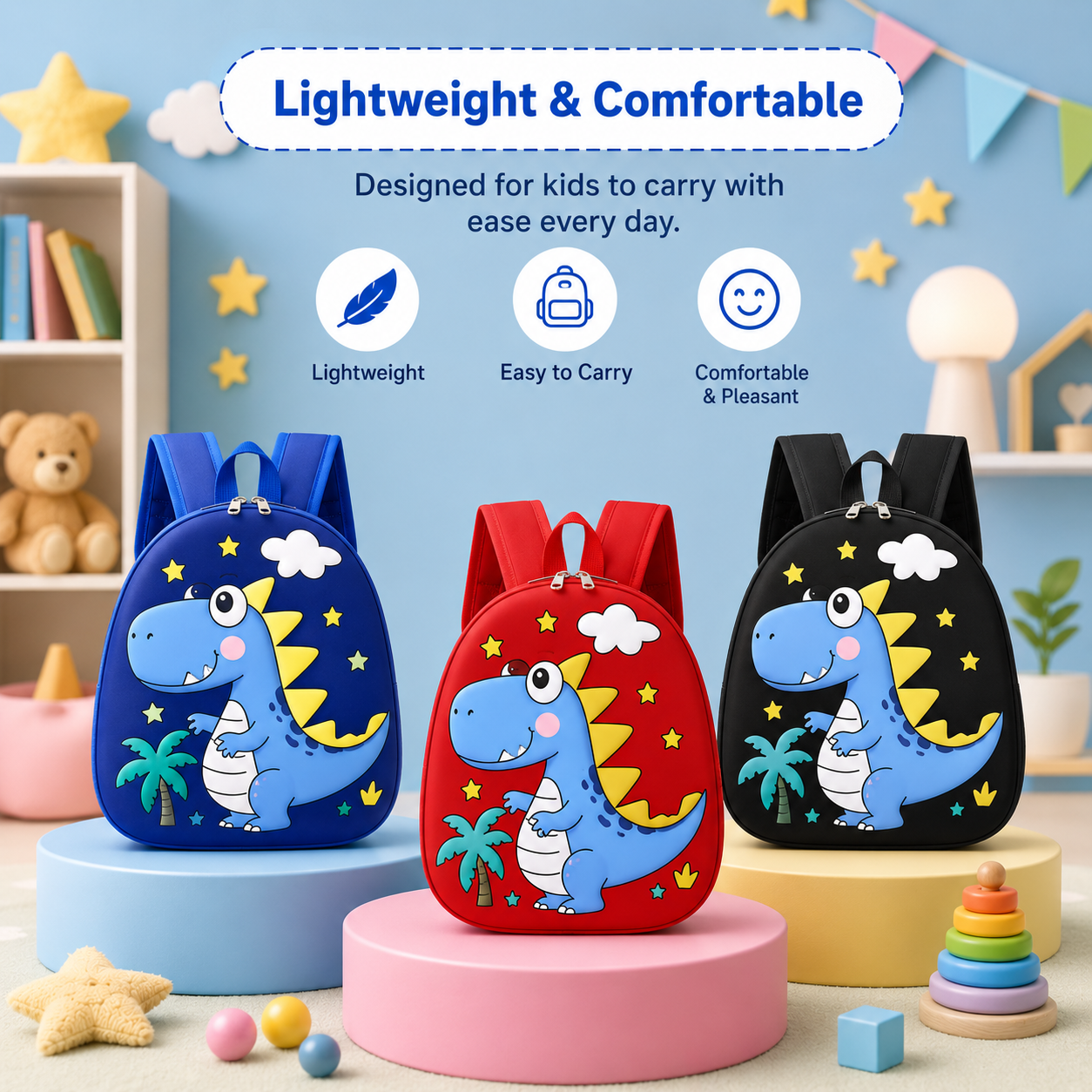 Infografía de mochilas escolares 3D para niños con diseño de dinosaurios, destacando características como 'Ligera', 'Fácil de transportar' y 'Cómoda'. La imagen muestra tres mochilas coloridas (azul y rojo) con motivos de dinosaurios
