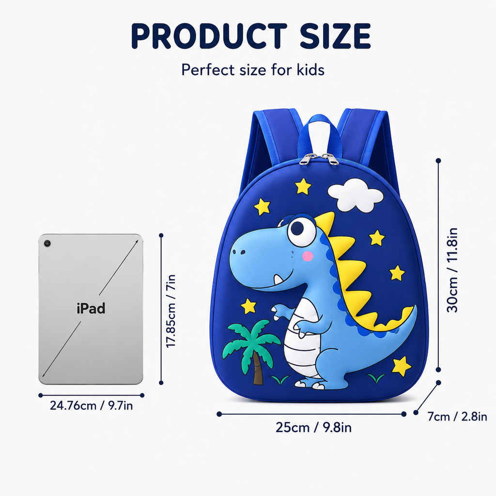 "Infographic showing dimensions of the 3D kids dinosaur backpack: 30cm (11.8in) height, 25cm (9.8in) width, and 7cm (2.8in) depth. Includes an iPad for size comparison to illustrate capacity
