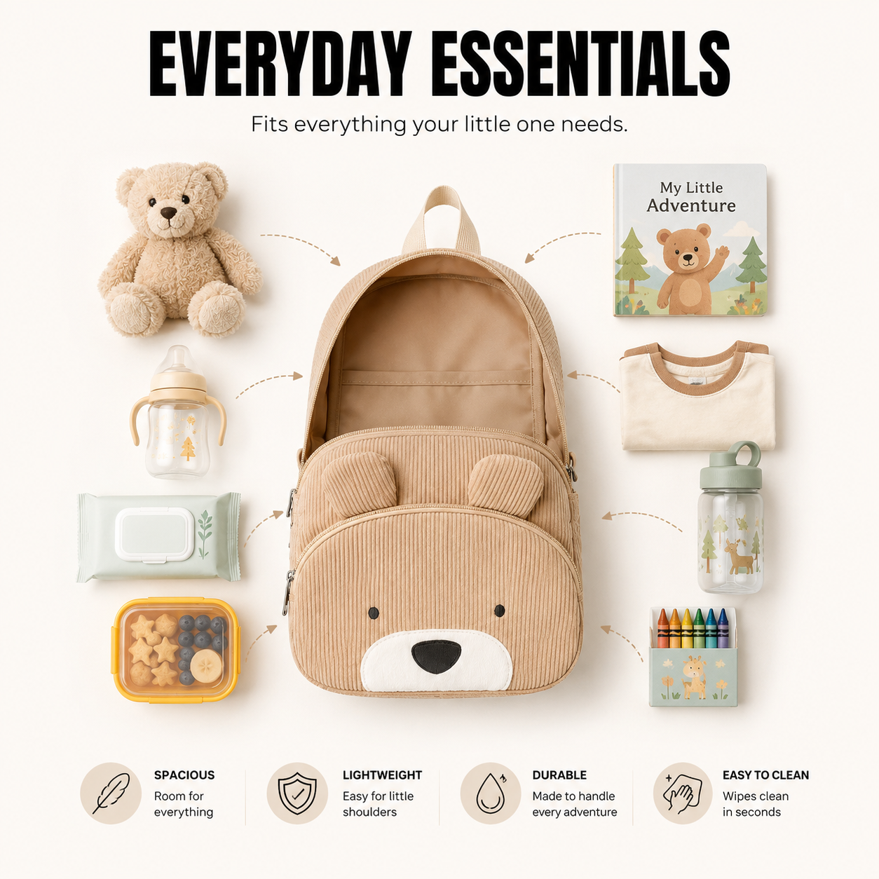 Mini beige corduroy backpack for kids with a teddy bear design, surrounded by children's school accessories, lightweight, durable, and with everyday storage capacity