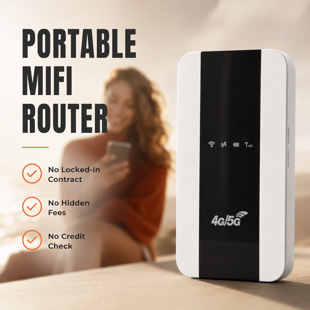 High-speed portable MiFi router with 4G/5G, no contracts, no hidden fees, and no credit check. Secure mobile internet for travel