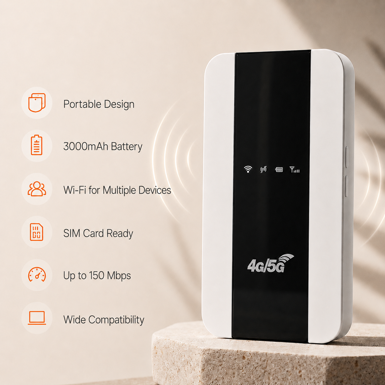 Portable MiFi router for travel. Features: 3000mAh battery, multi-device Wi-Fi, SIM card ready, up to 150 Mbps speed, and wide compatibility