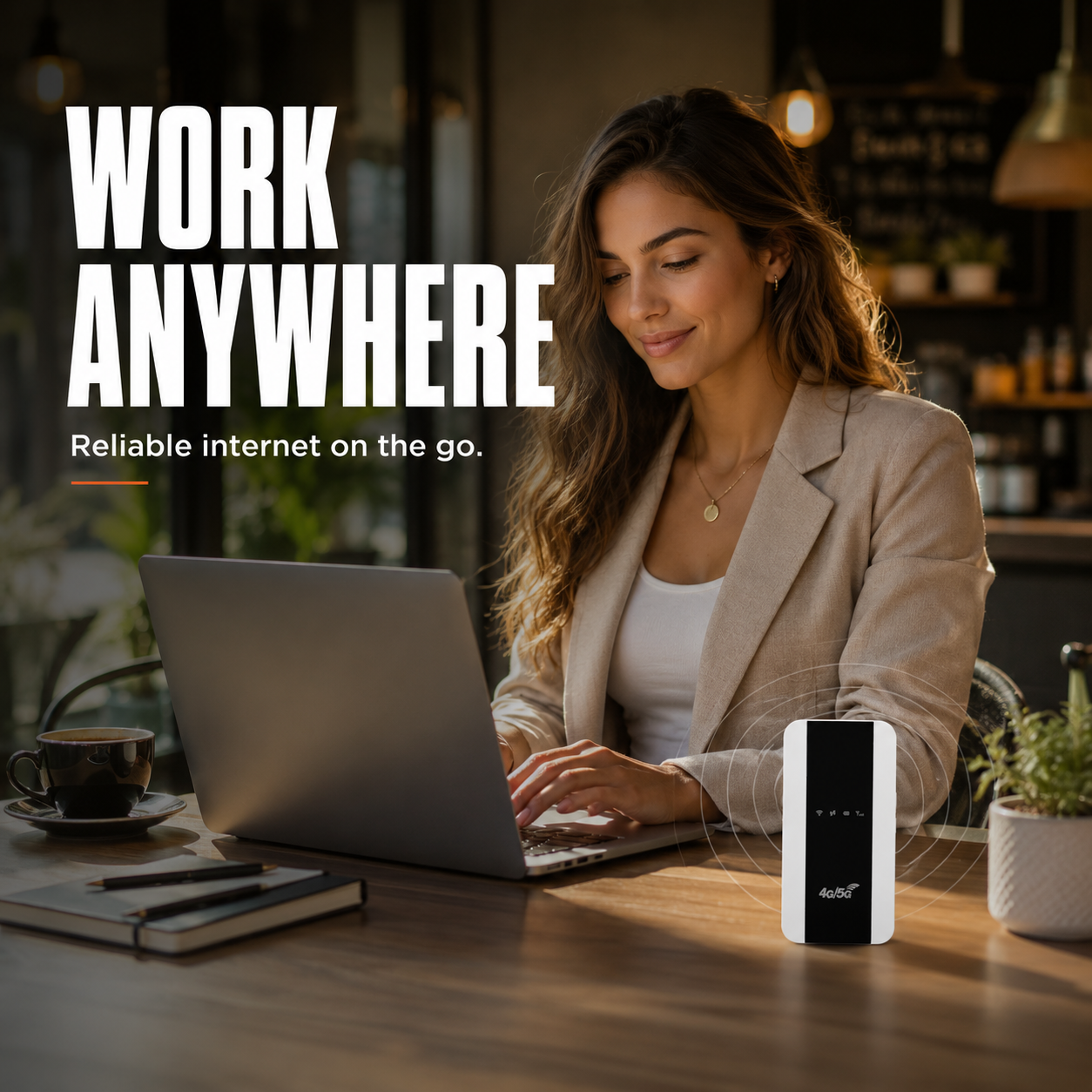 A professional works on a laptop, and an overlay graphic reads: "WORK FROM ANYWHERE. Reliable internet wherever you are," alongside a portable Wi-Fi router.