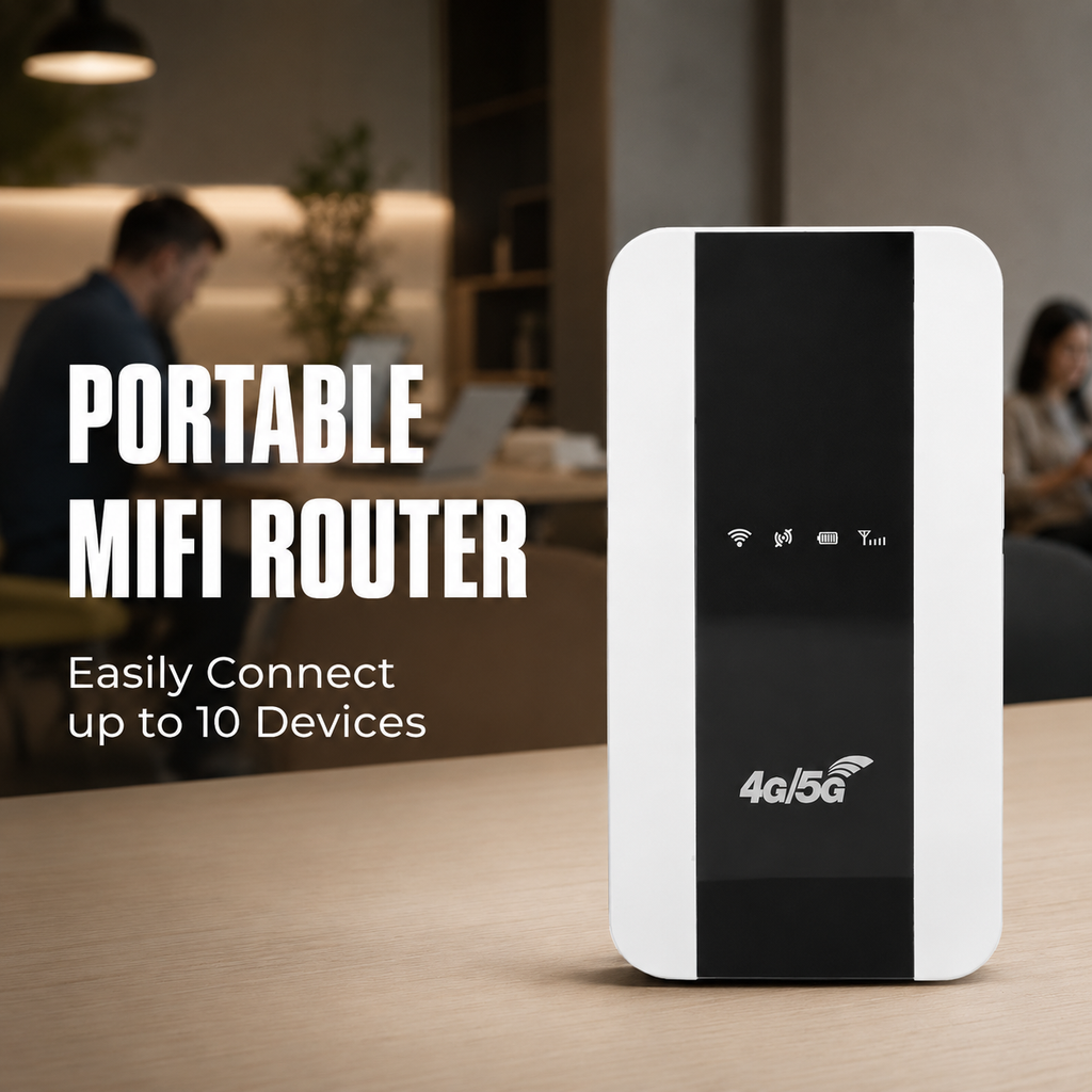 4G/5G portable MiFi router graphic. Highlights: High-speed internet, easily connect up to 10 devices, compact design for travel.