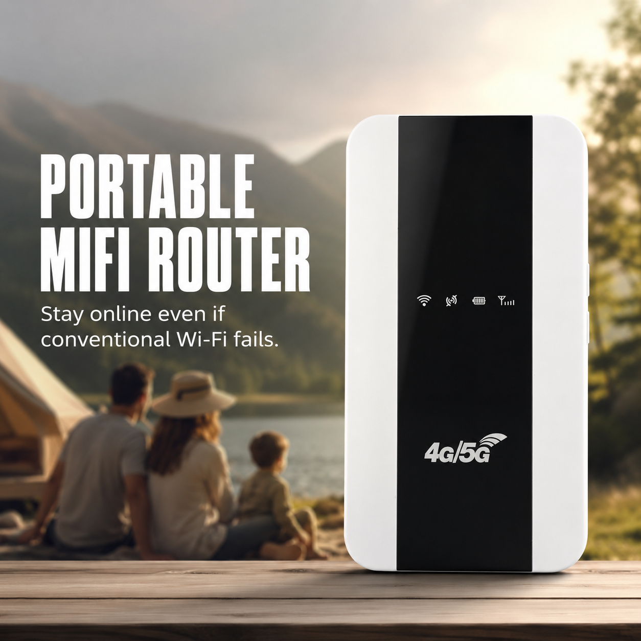Santi eShop portable MiFi router shown against a scenic background. Text: 'Stay online even if conventional Wi-Fi fails.' Portable 4G/5G internet