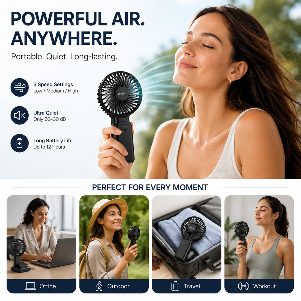 Infographic showing 3-in-1 fan features: fan, power bank, and desk use