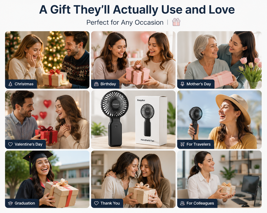 Collage of people using portable fan as a gift for heat, parties, home, walk, trip