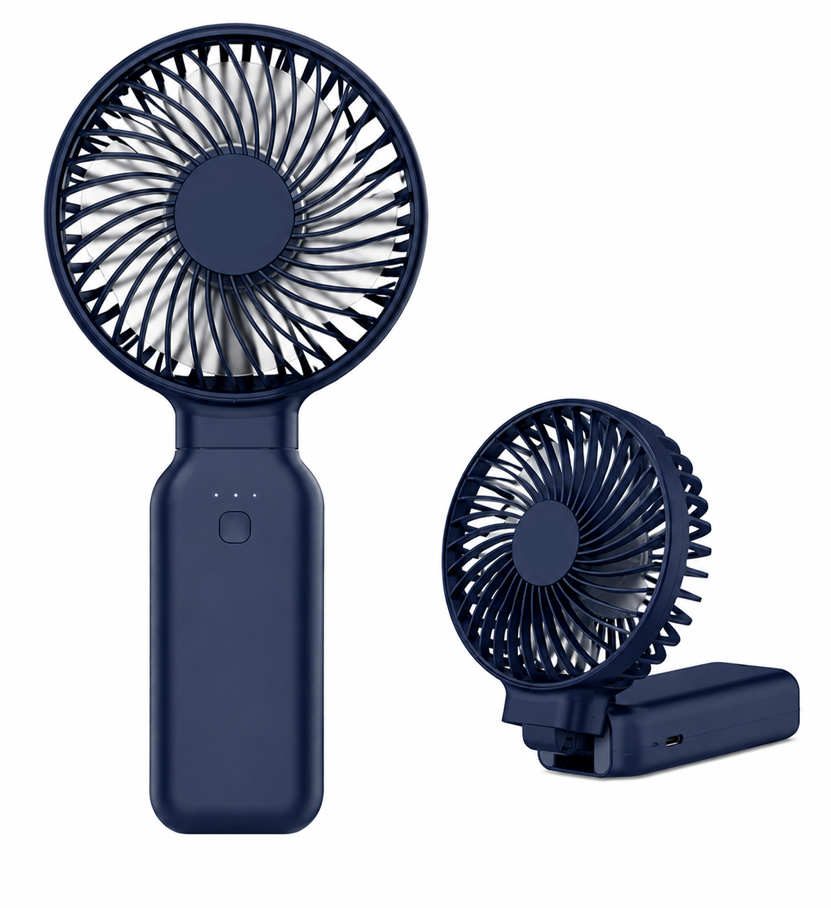 Dark blue 3-in-1 foldable handheld fan with power bank and stand