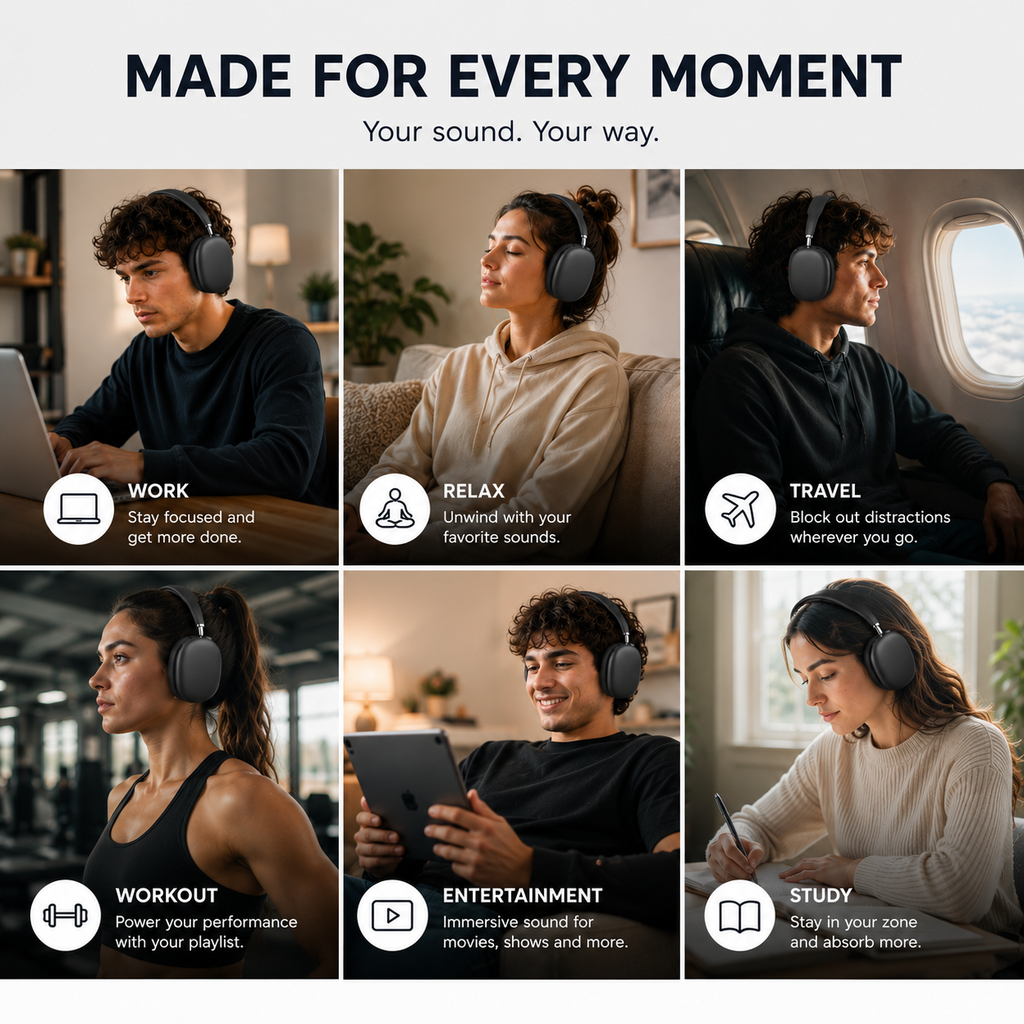 Passenger wearing active noise-canceling headphones inside the airplane to block out noise from travel, the gym, work, home, video games, relaxation, and studies