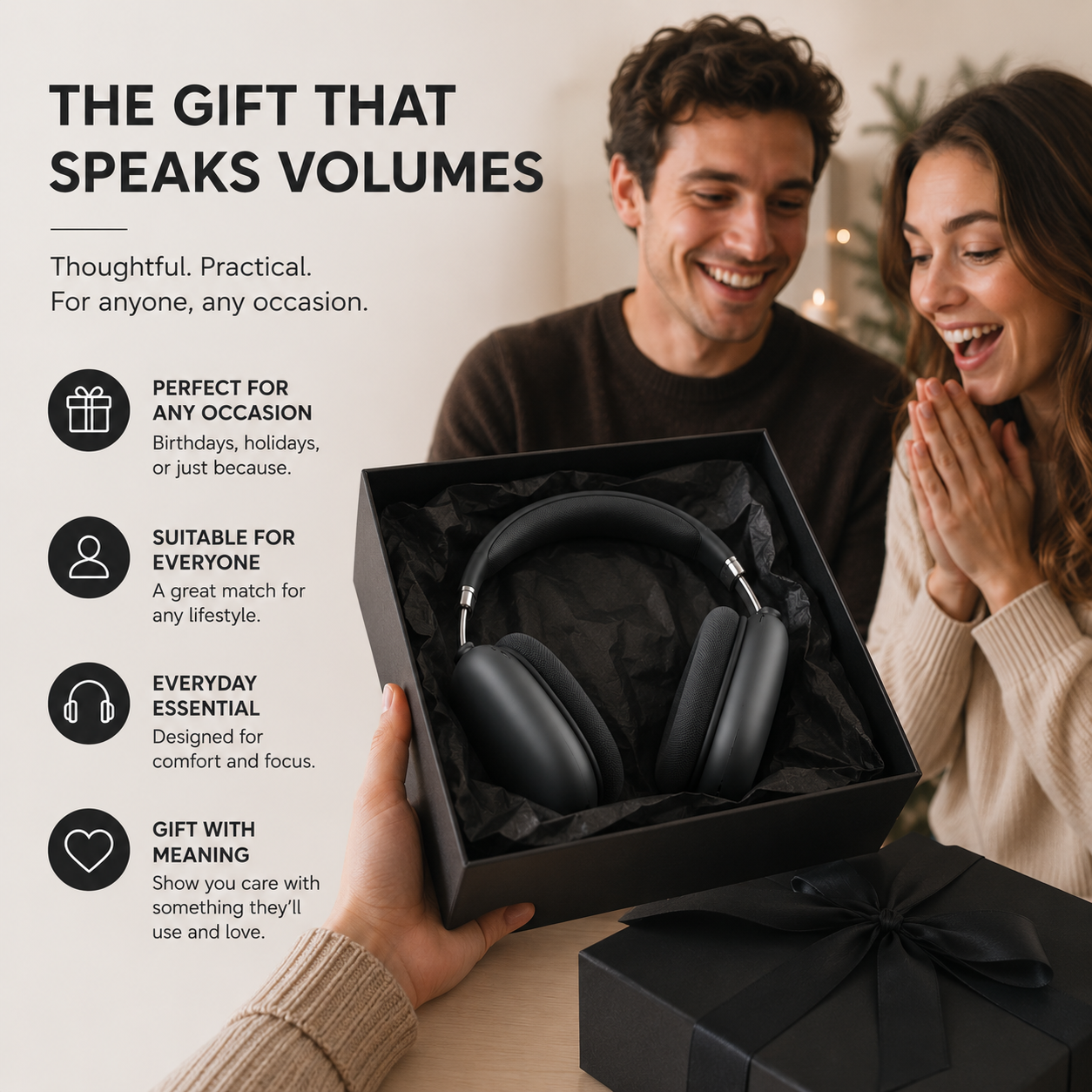 Wireless noise-canceling headphones available as gifts in Bonaire premium edition in pink, black, and gold colors