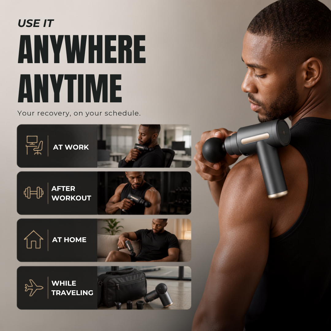 Muscle massage gun for physical recovery and relief from knots, tension, and pain throughout the body—perfect for use after working out, at the office, during bed rest, or while traveling and Gym. 