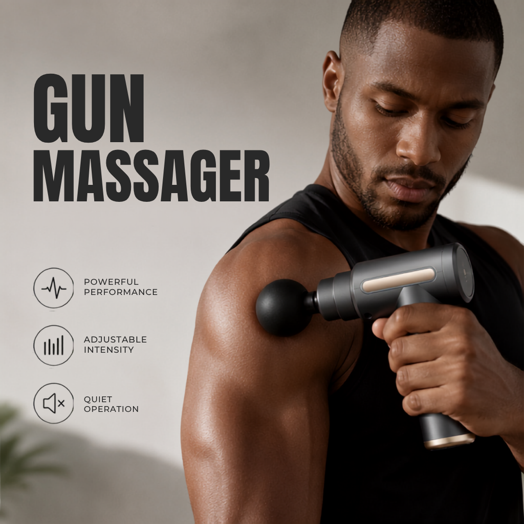 Professional massage gun: man receiving shoulder percussive therapy to relieve muscle tension and pain after training