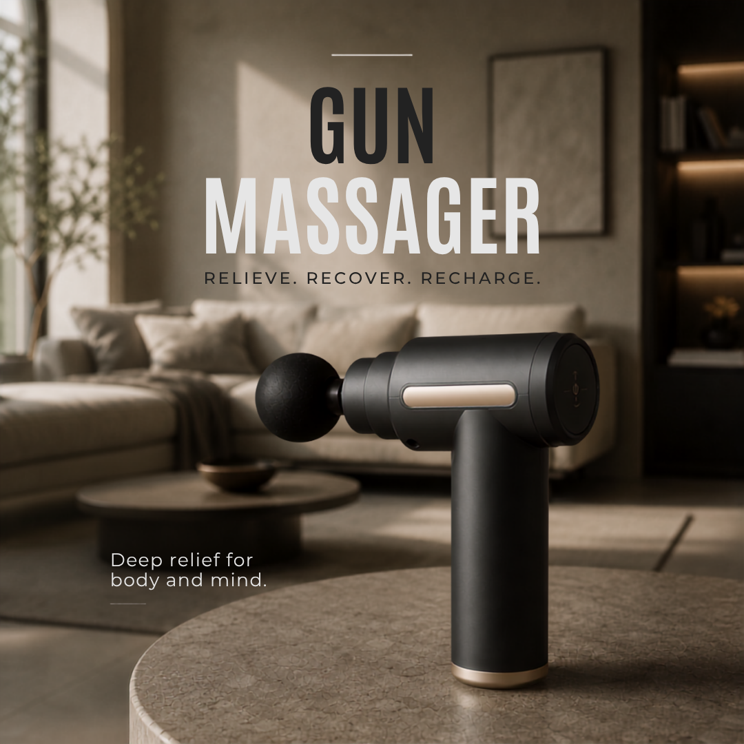 Professional massage gun on elegant table: premium design for deep body and mind relief at home