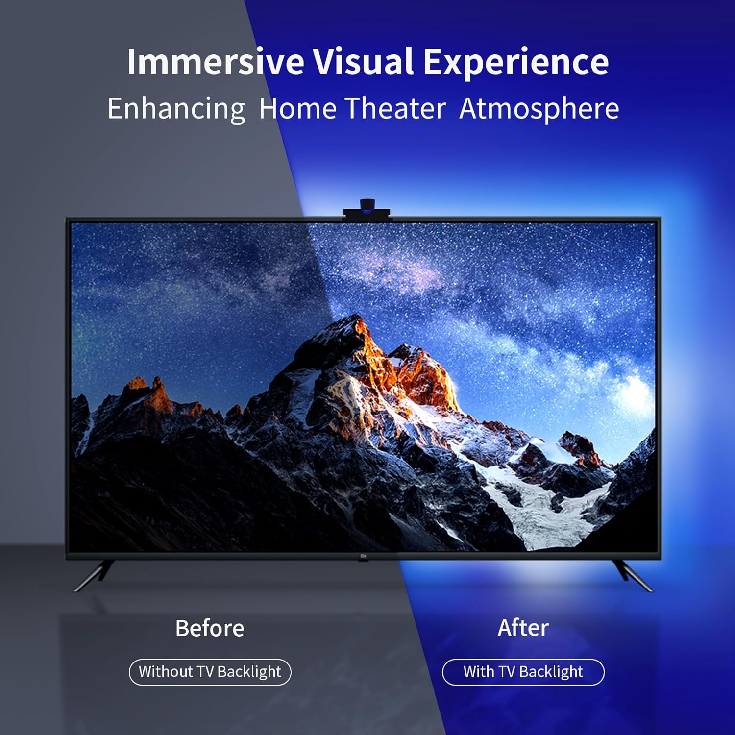 Visual comparison of a television screen before and after installing the immersive smart TV Backlight system