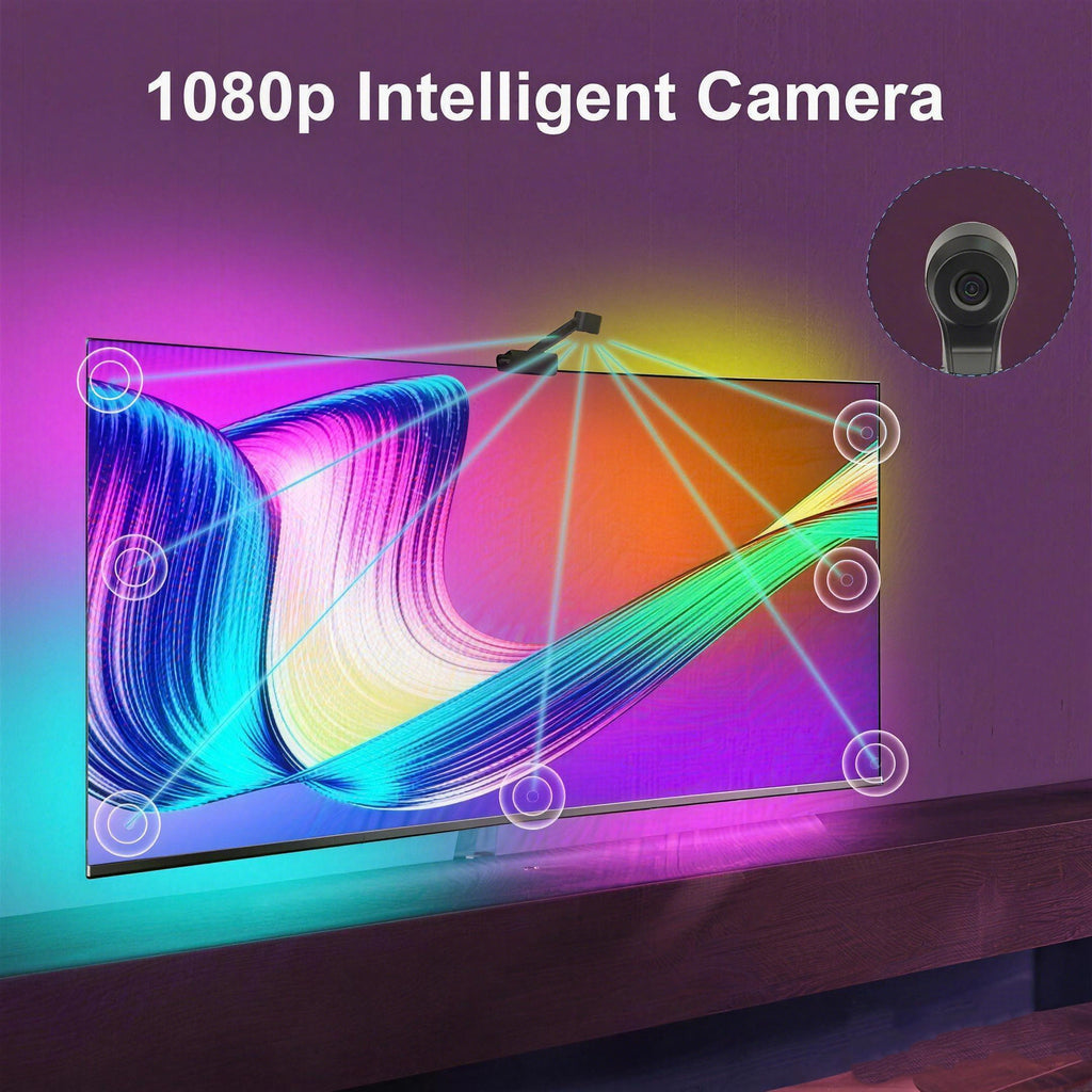 Couple enjoying a movie night with purple ambient lighting synchronized with the television screen