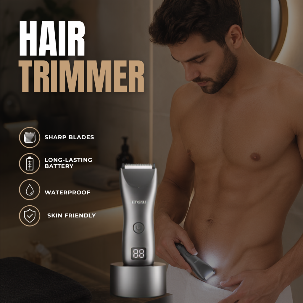 Man using the Enssu hair trimmer for body grooming. Highlights: sharp blades, long-lasting battery, waterproof design, and skin-friendly performance.