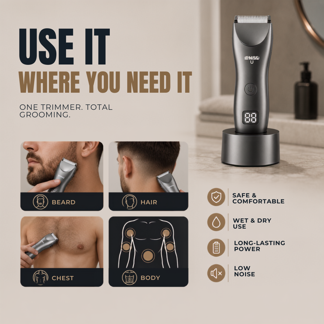 Enssu infographic: Versatile for beard, hair, and body. Features wet/dry use, long battery life, low noise, and safe design. For total professional grooming.