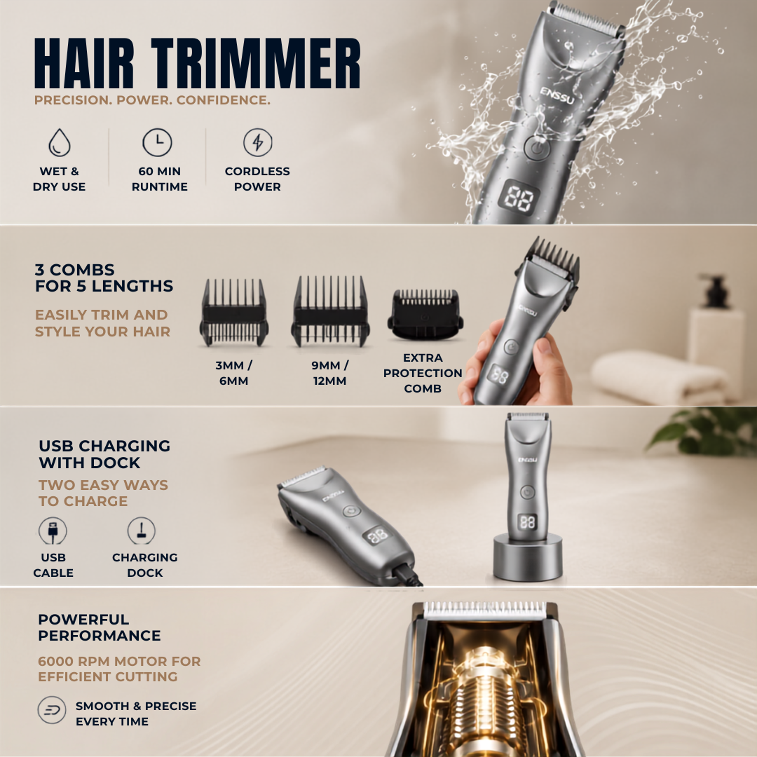 Enssu trimmer infographic: wet/dry use, 60min battery, 5 cutting lengths, USB charging dock, and 6000 RPM motor for professional, precise grooming