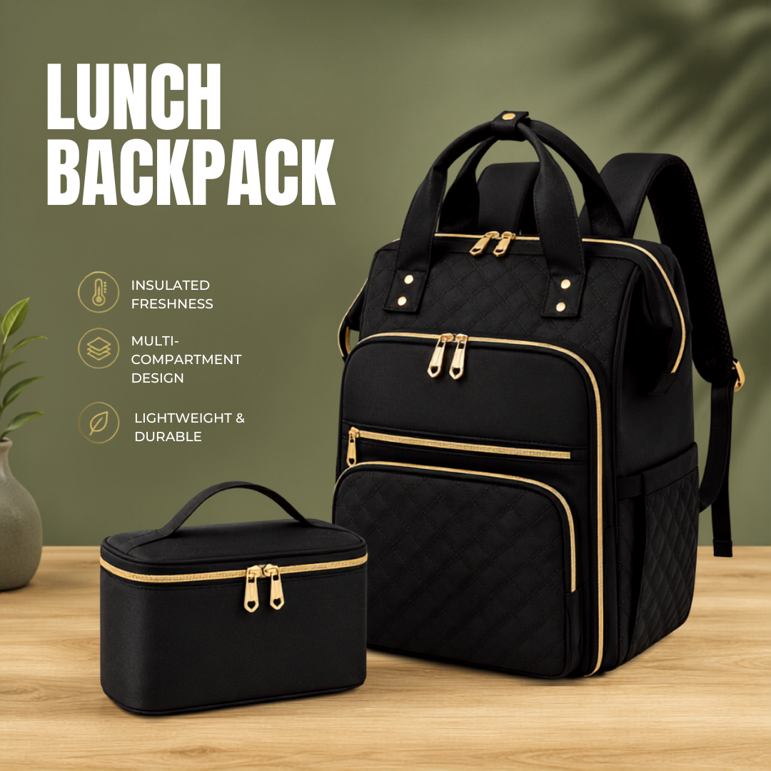 Product infographic of the black quilted backpack with gold zippers next to its matching insulated lunch bag. The left side highlights three benefits with icons: insulated freshness, multi-compartment design, and lightweight & durabl