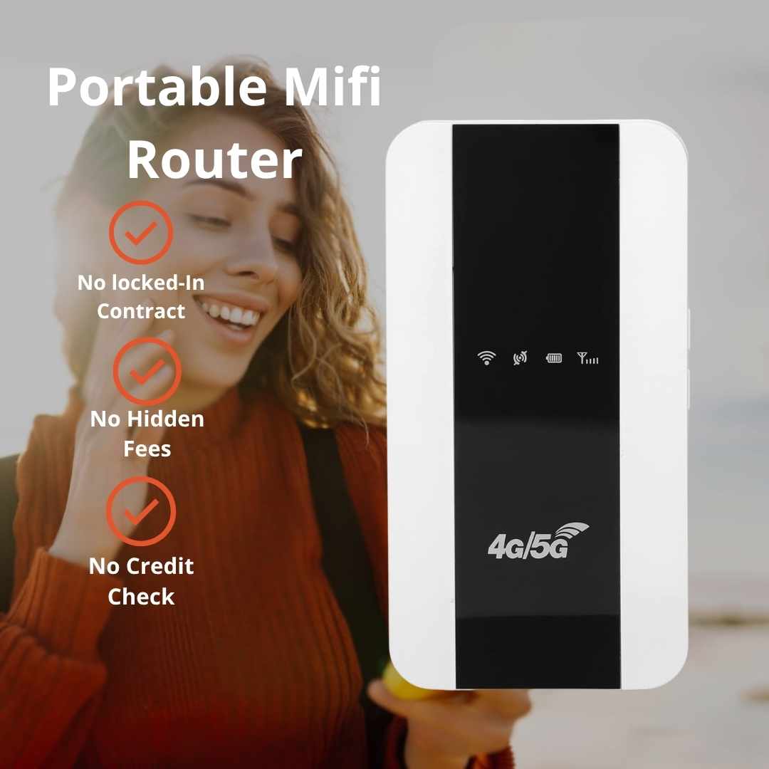 Promotional infographic featuring the top layout of the portable Mifi router over a smiling woman's face, highlighting text callouts for no locked-in contract, no hidden fees, and no credit check