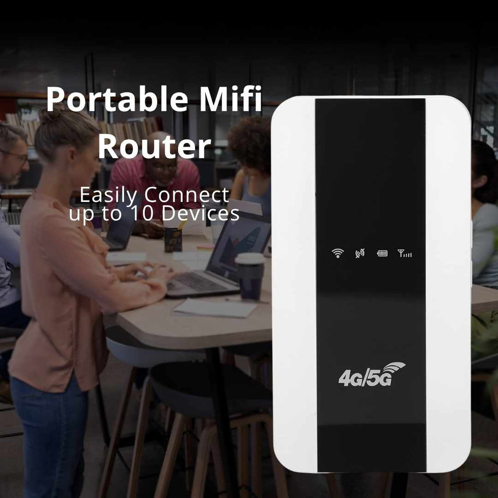 Corporate lifestyle shot of the smart router in the foreground with an office team background sharing high-speed internet, stating easy connection for up to 10 devices