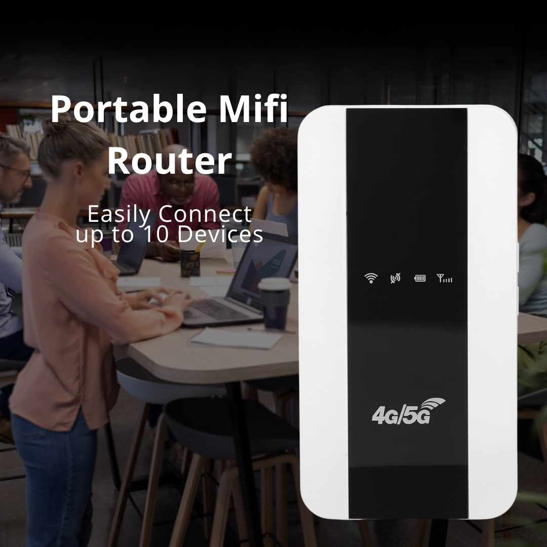 Corporate lifestyle shot of the smart router in the foreground with an office team background sharing high-speed internet, stating easy connection for up to 10 devices