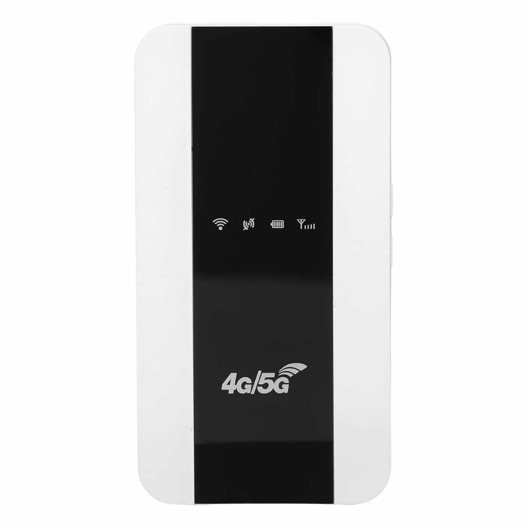 Angled view of the portable white Mifi router with its glossy black central panel displaying the 4G 5G text and active status icons from- SantiEshop Kralendijk, Bonaire